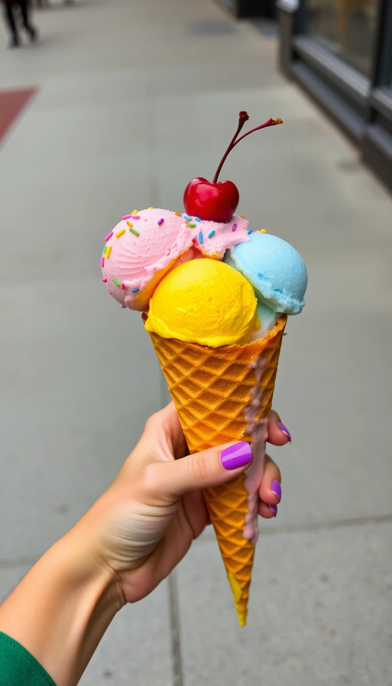 Donna che tiene in mano un enorme cono gelato che si scioglie