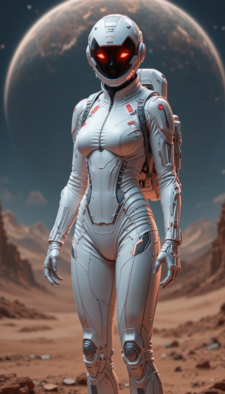 Futuristic woman in white bio protection suit on alien world