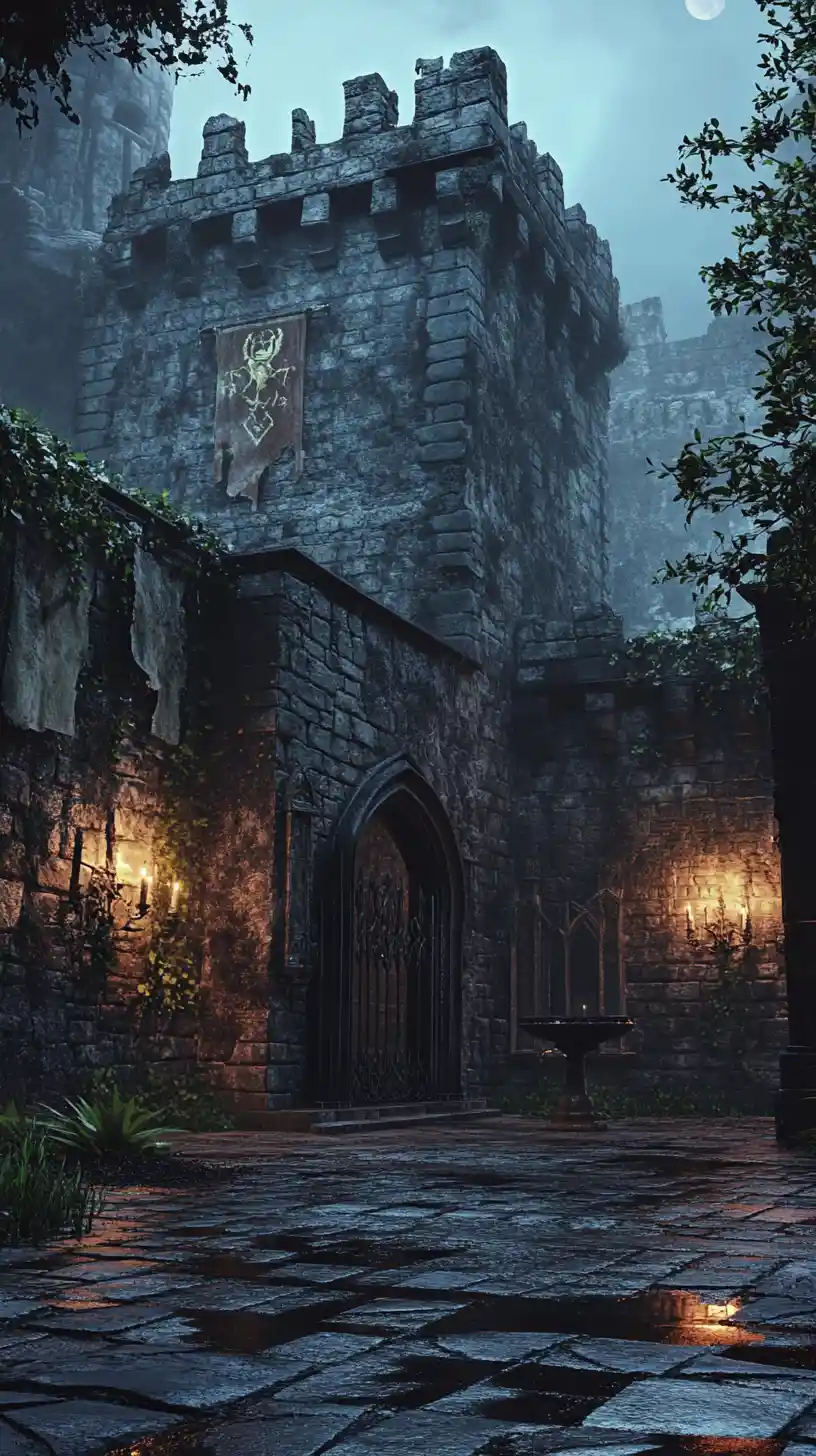 Ominous Castle Courtyard Under Moonlit Twilight Fog