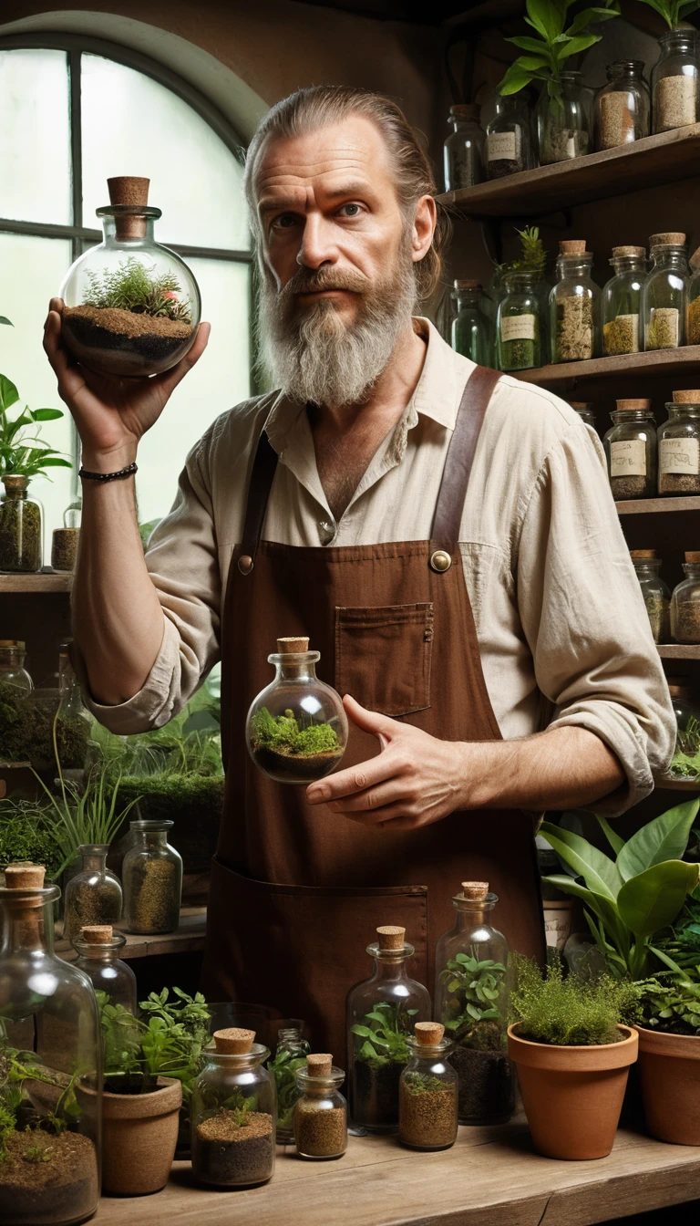素朴な薬局でテラリウムを手にした植物学者