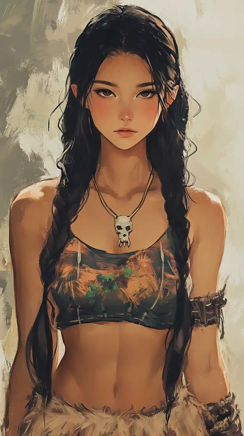 Strong ainu girl with wild bones jewelry and claws