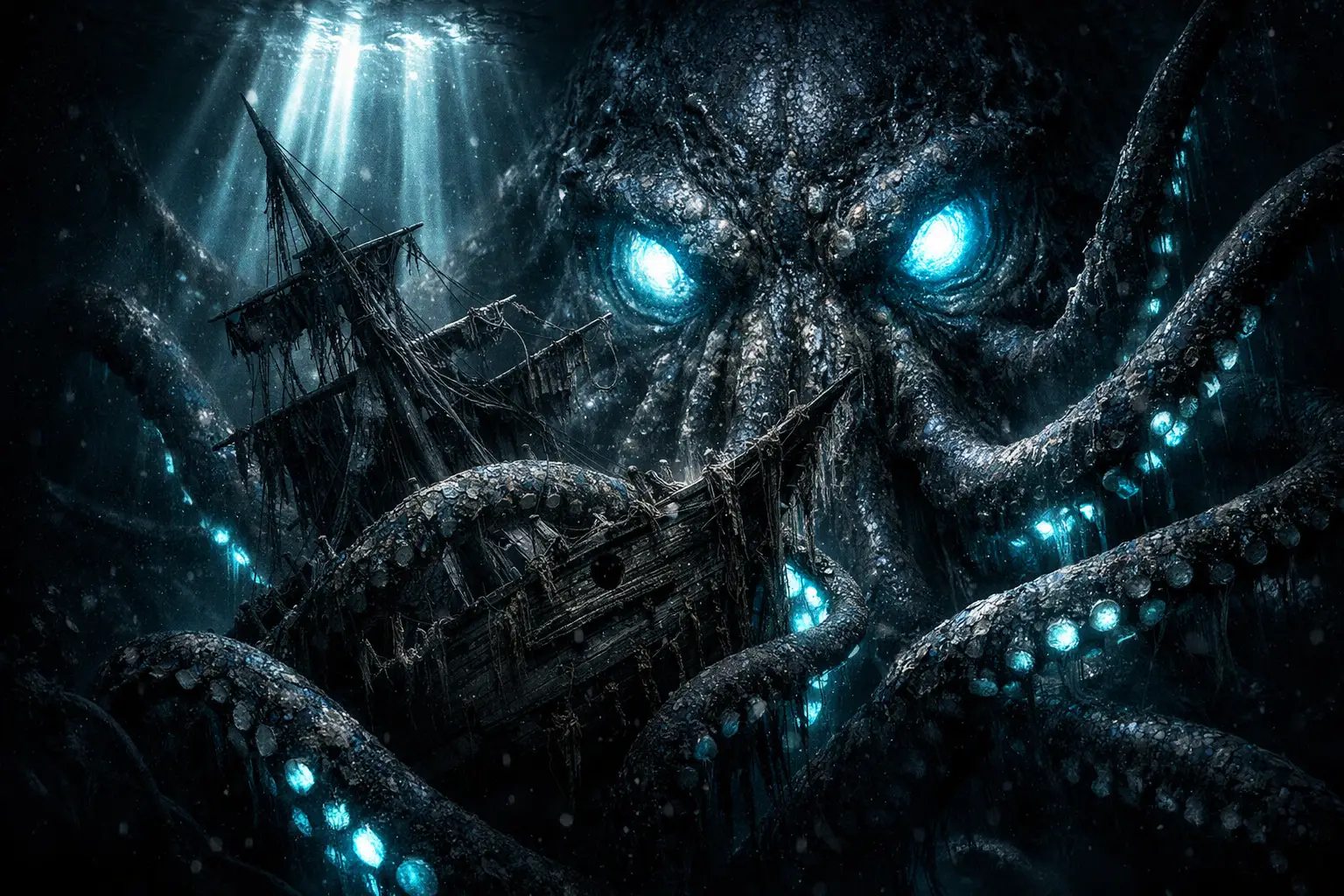 Cinematisches Close-up eines kolossalen Krakens und eines Piratenwracks