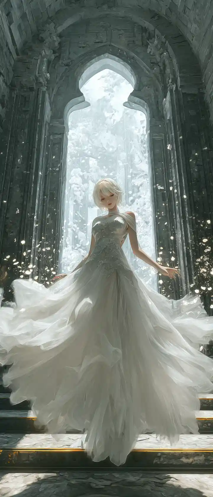 Sposa anime eterea che fluttua in una cattedrale in rovina