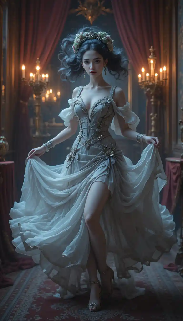 Baroque courtesan in a twisted rococo waltz pose