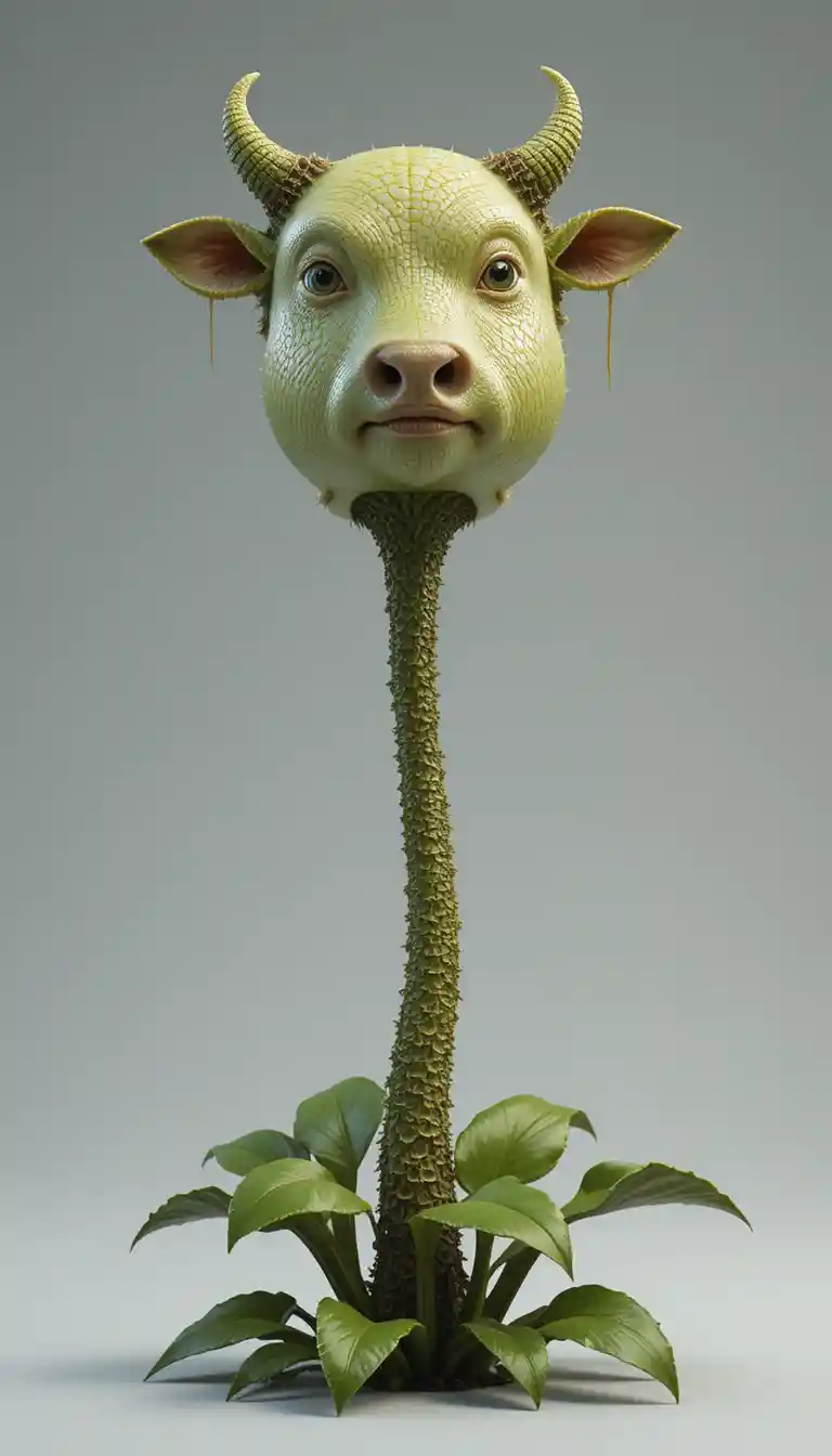 Photorealistic Carnivorous Plant With Stylized Cow Shaped Head