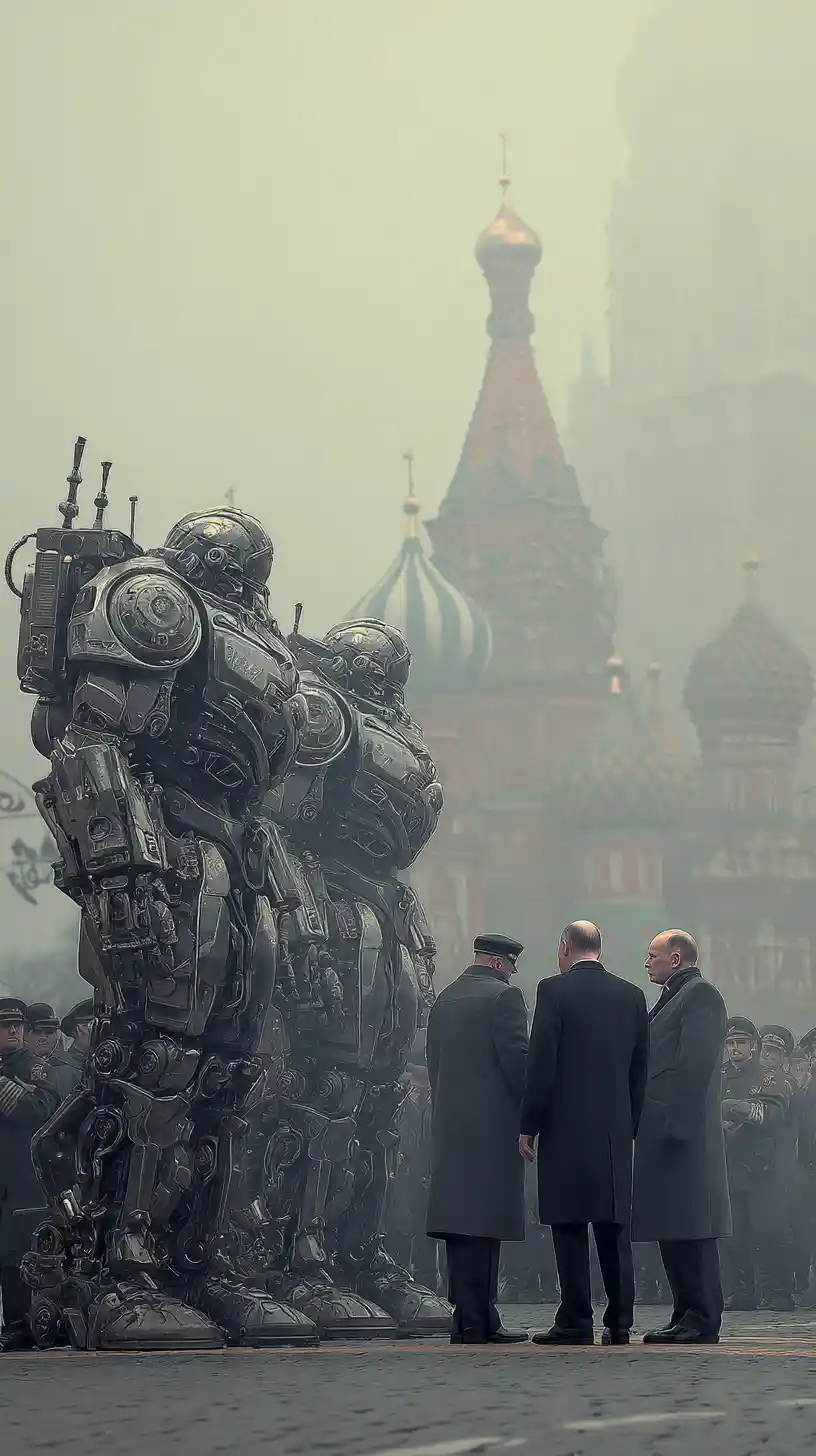 Futuristic war mechs inspected on a devastated city square