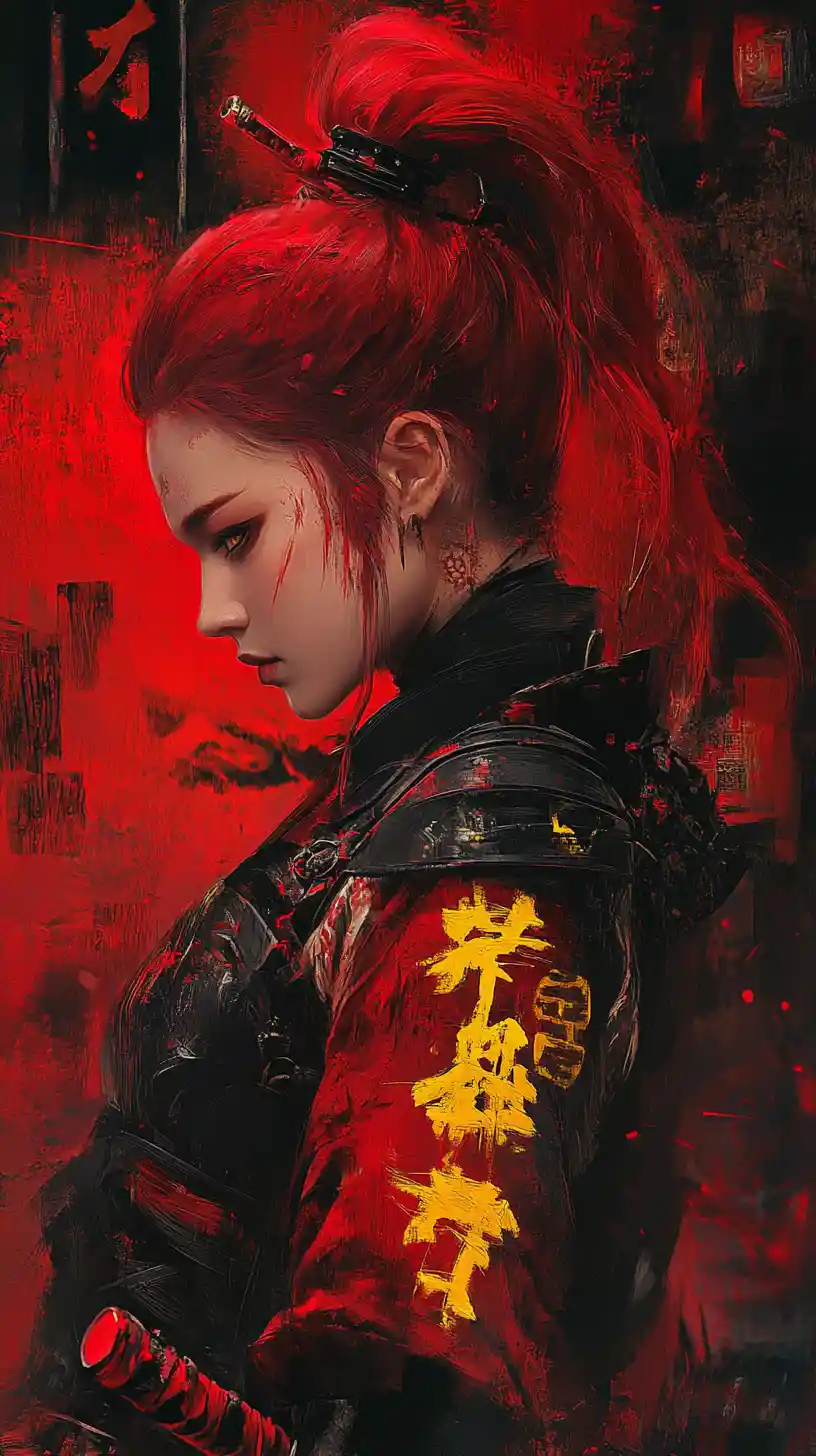 Donna samurai cyberpunk di profilo con capelli rossi luminosi