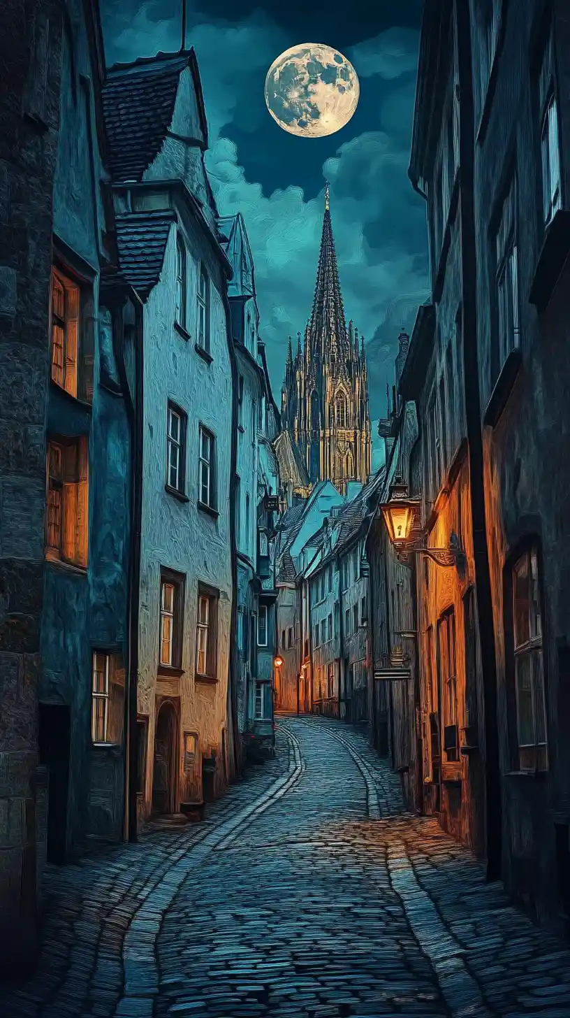 Rua europeia ao luar levando a uma distante catedral gótica