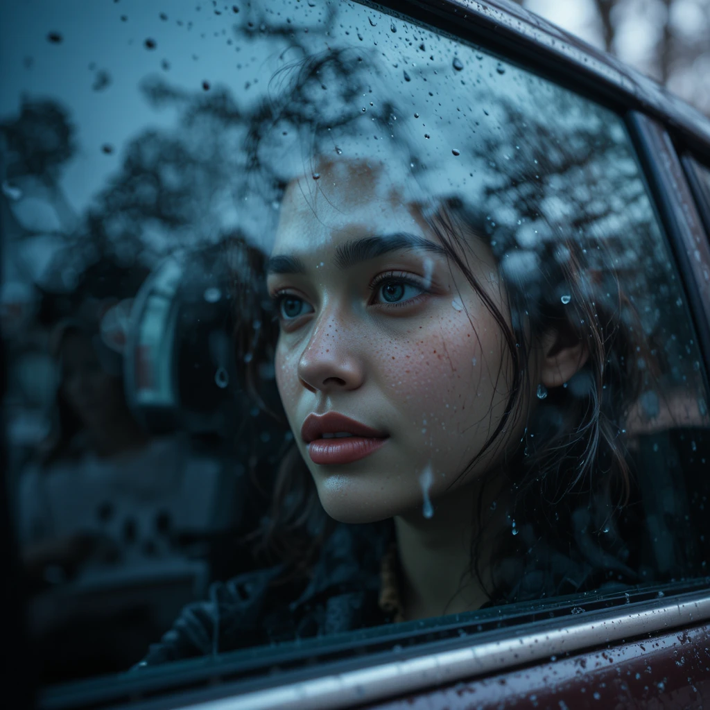 Donna latina che guarda attraverso il finestrino dell’auto sotto la pioggia di primavera