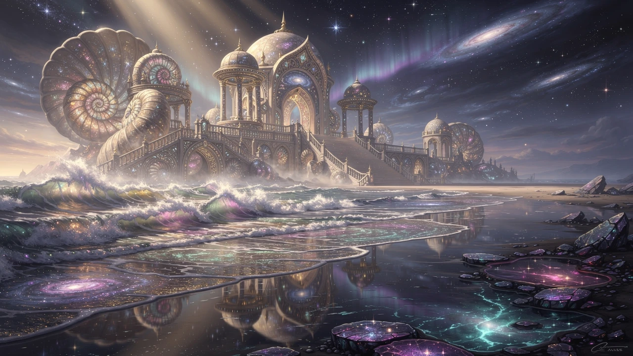 Litorale cosmico surreale con terrazze celesti e osservatori