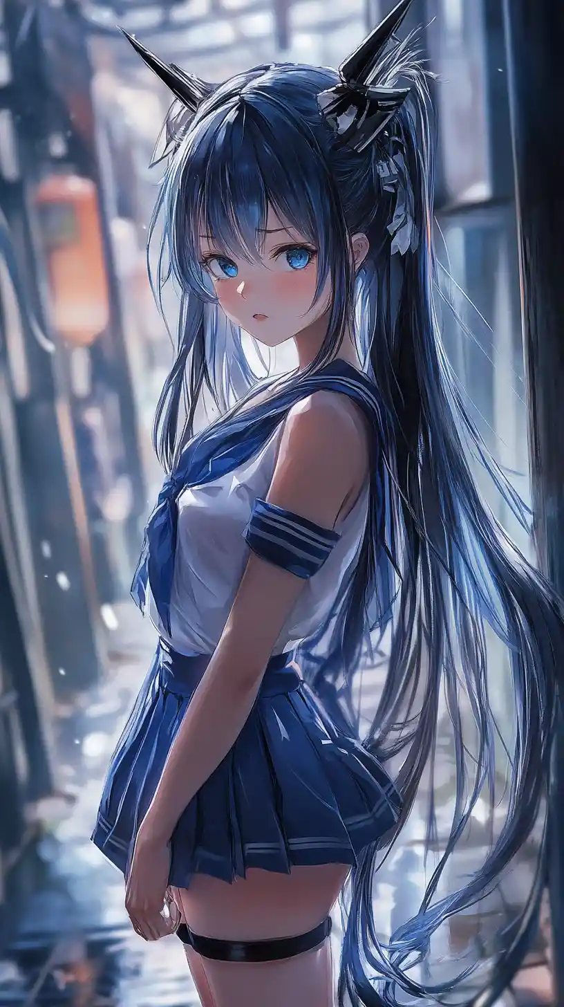 Defiant anime woman with blue eyes in a public space
