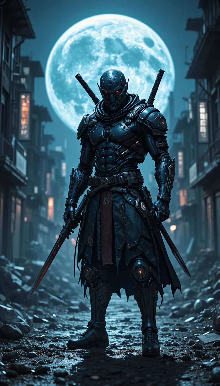 Kybernetischer Krieger mit Katana unter einem lodernden Vollmond