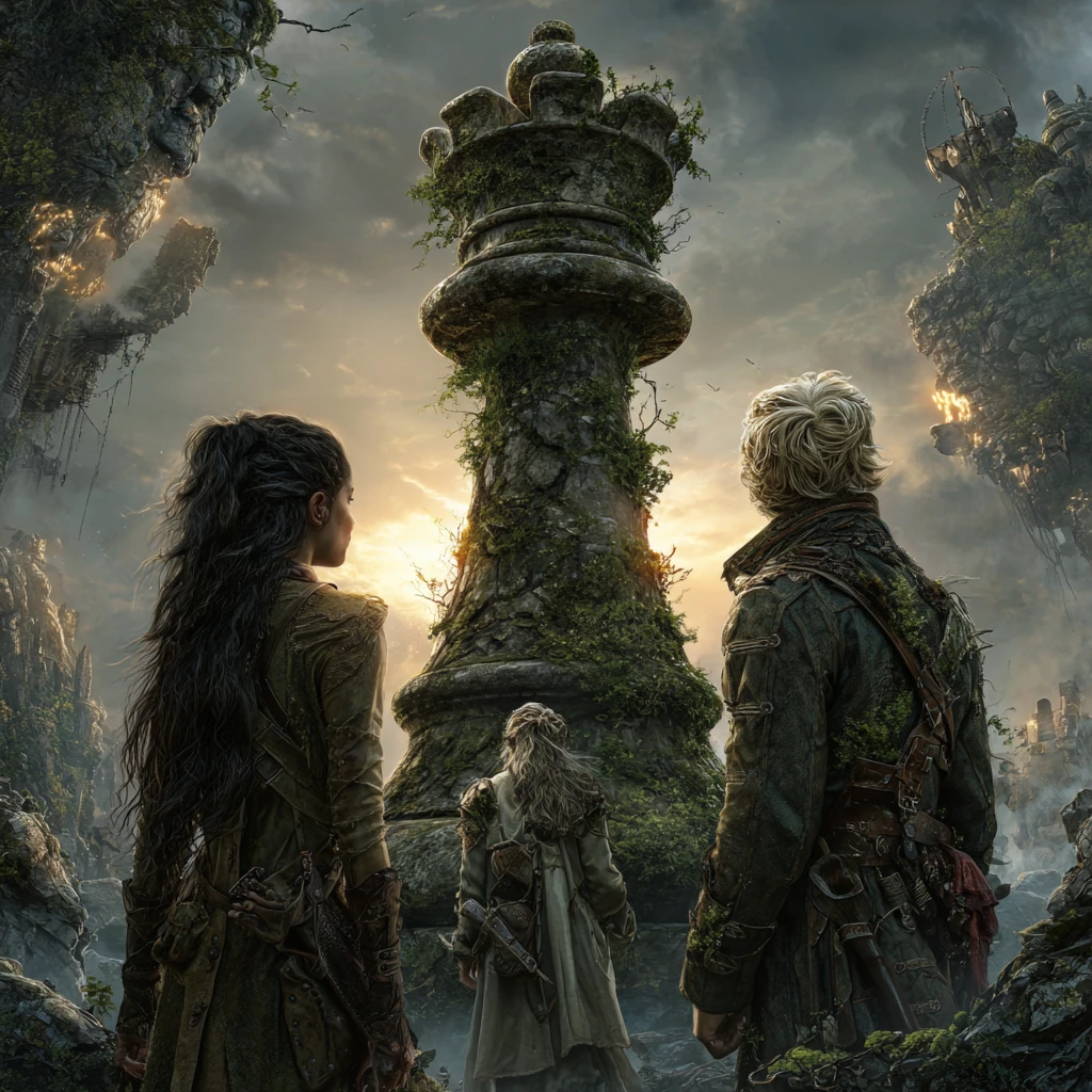 Steampunk adventurers facing a colossal moss covered chess tower