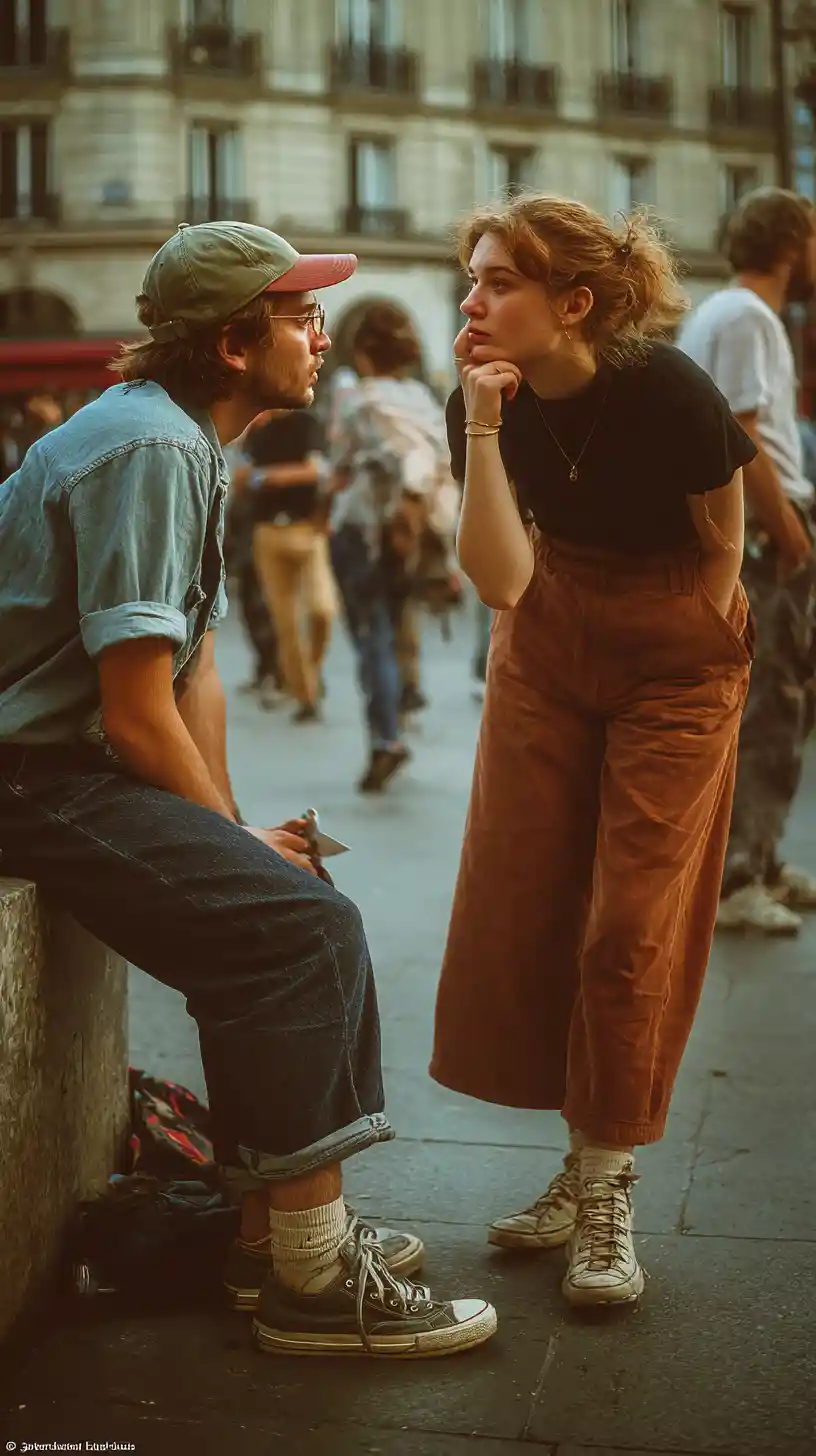 Bohemian couple talking on a cobblestone Paris street