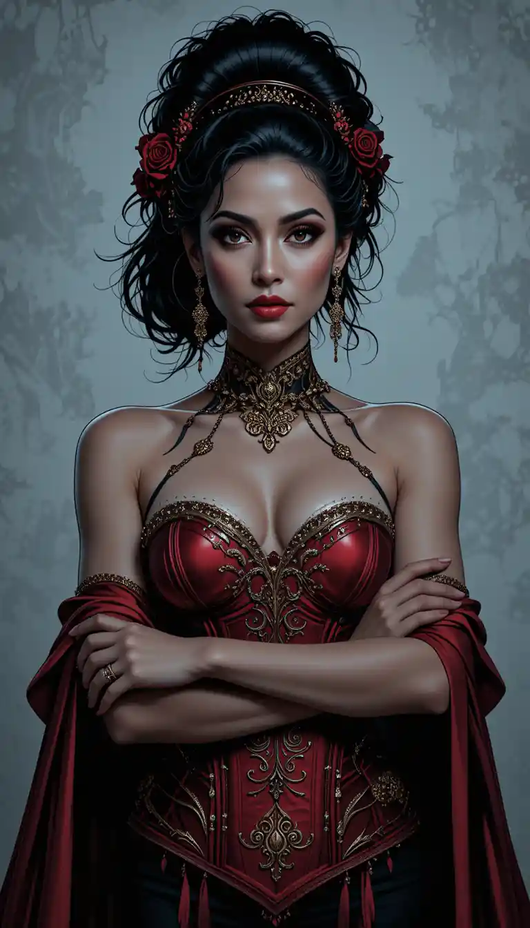 Confident vampire woman in scarlet corset portrait
