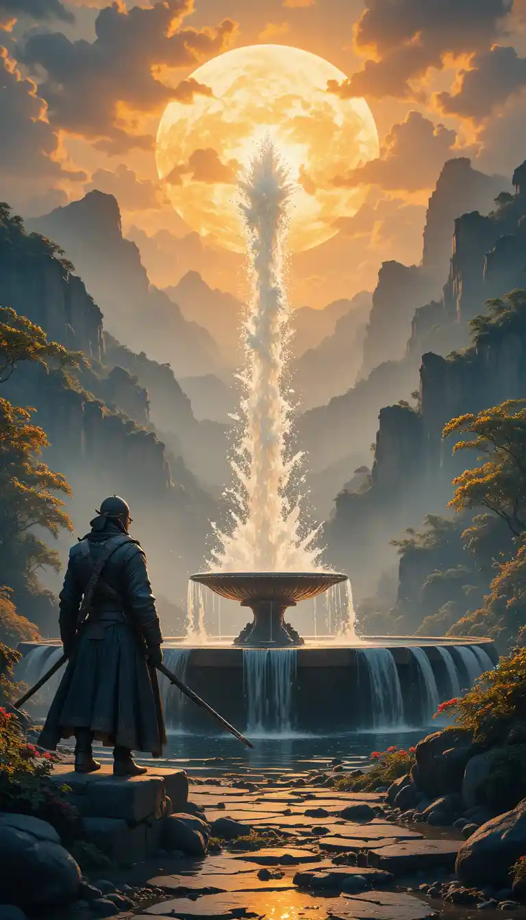 Japanese ninja warrior by a fountain at sunset