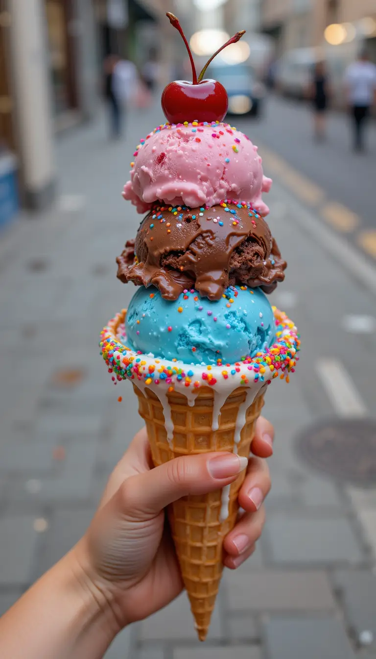 Giant waffle cone with melting colorful ice cream scoops