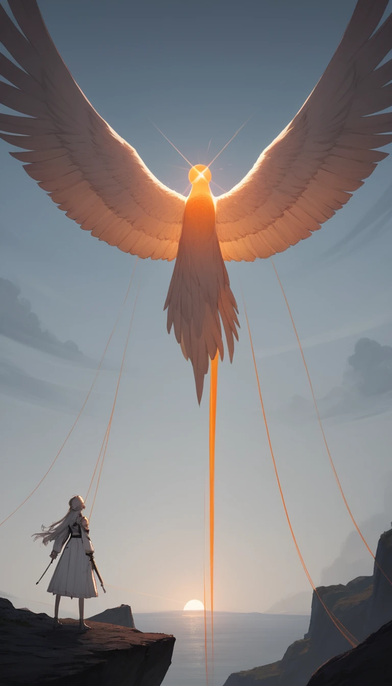 Femme d’anime sur une falaise au coucher du soleil, le regard perdu au loin