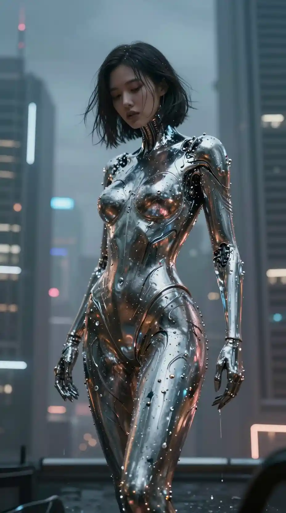 Woman Transforming Into Molten Metal In Cyberpunk Megalopolis