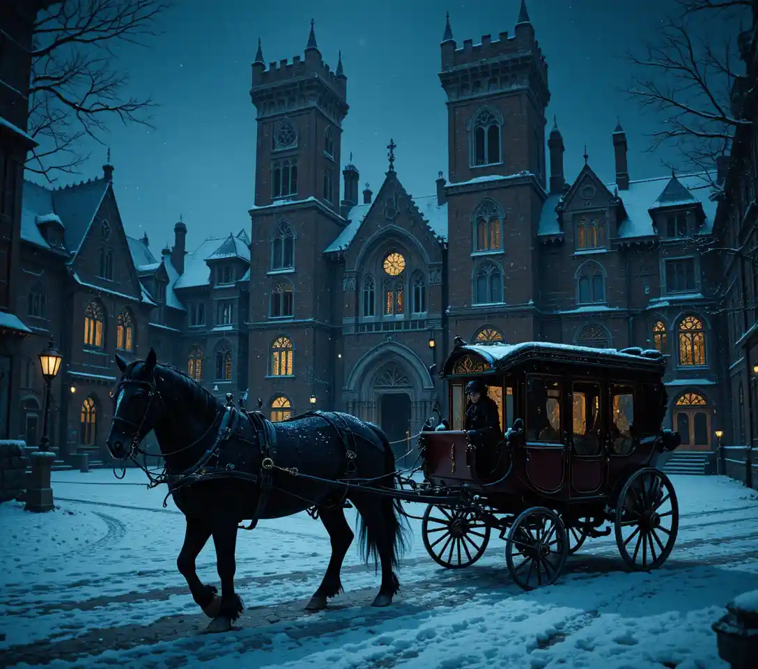 Medieval carriage in snowy courtyard before gothic brick towers