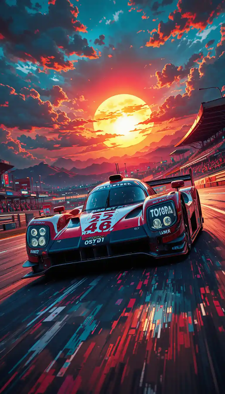 Toyota-Prototyp-Rennwagen auf globaler Rennstrecke bei Sonnenuntergang