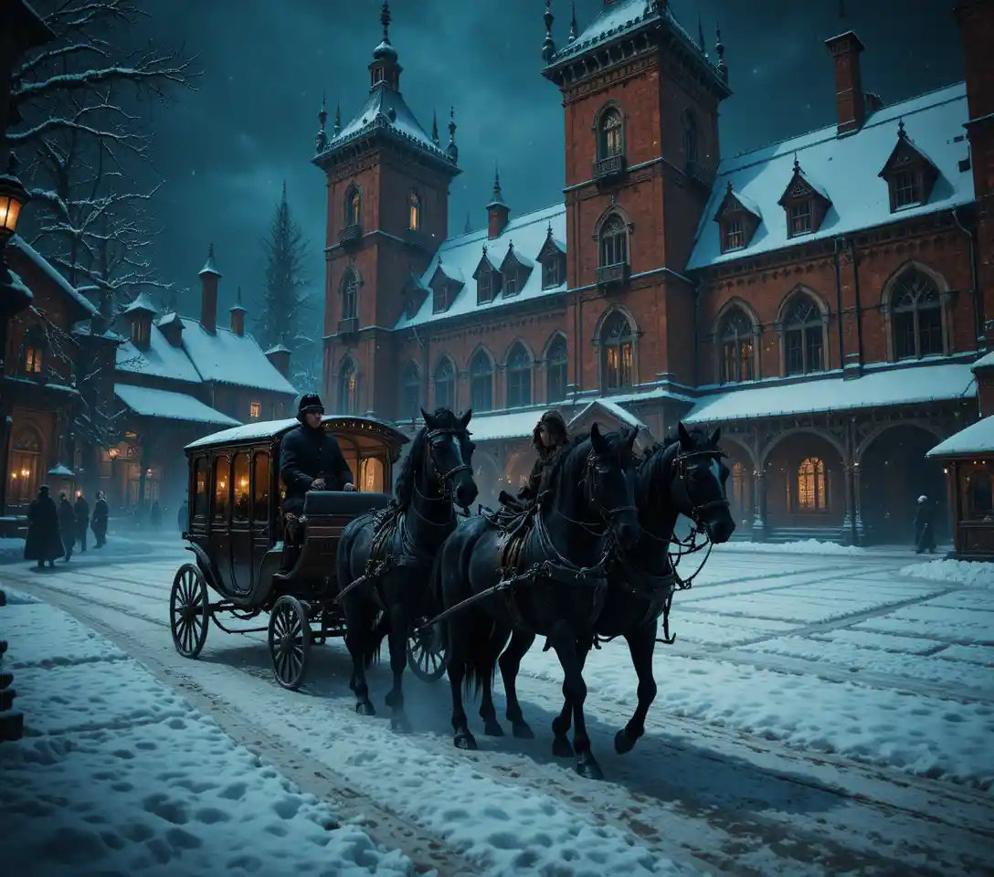 Medieval horse carriage in a snowy gothic courtyard at night