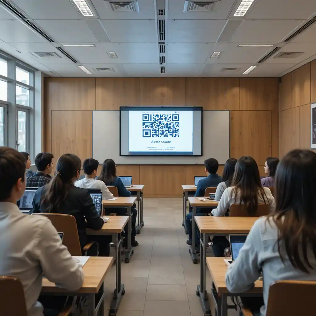Modern classroom with students using technology and qr code