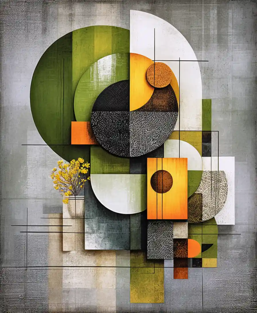 Geometric abstract art with vivid shapes and yellow flowers