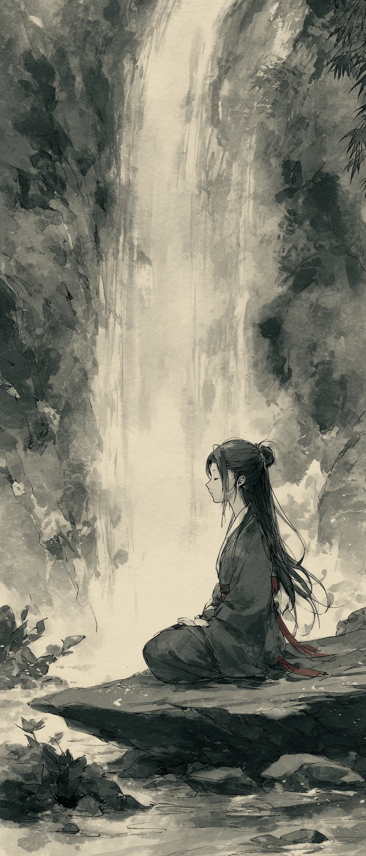 Érudit d’anime méditant près d’une gigantesque cascade brumeuse