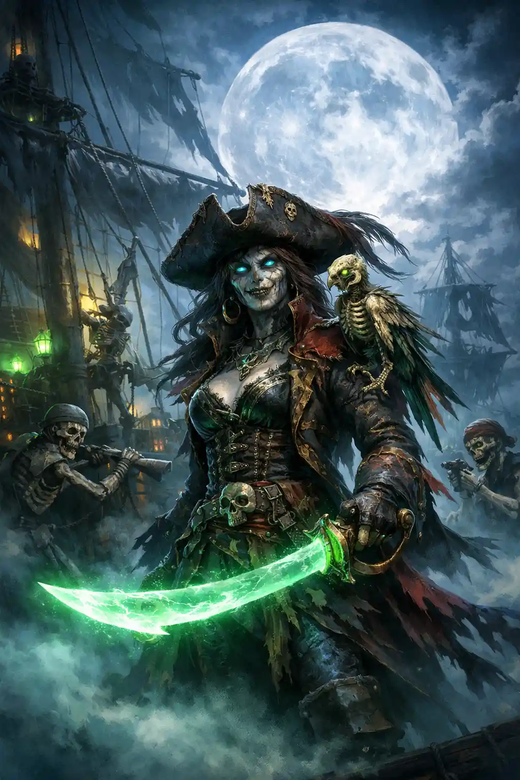 Undead pirate captain on ghost ship under full moon