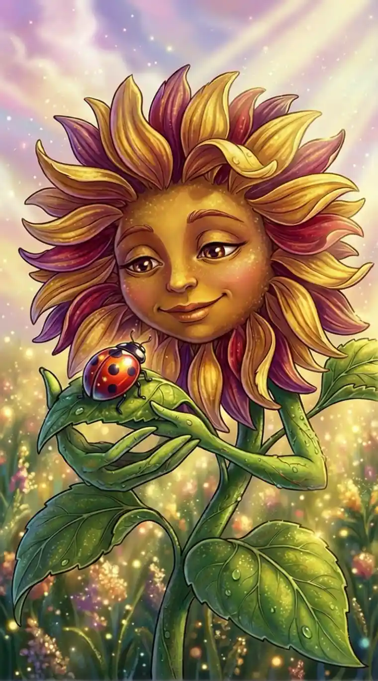 Anthropomorphisierte Sonnenblume streichelt sanft einen winzigen Marienkäfer