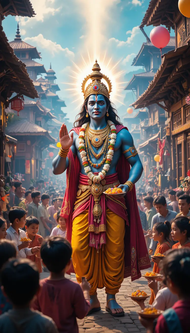 Homme partageant des douceurs dans un marché de temple festif