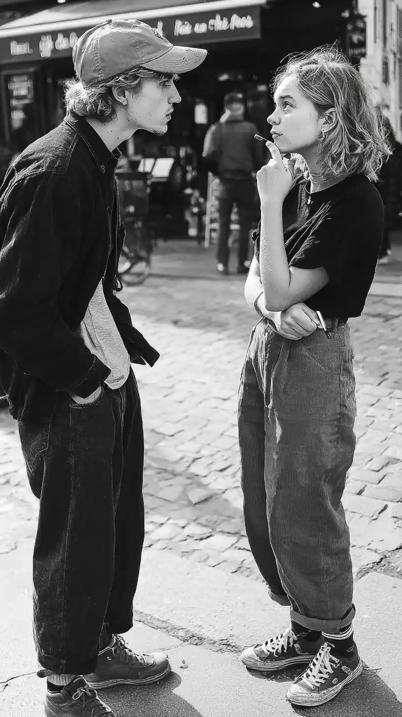 Bohemian couple talking on a cobblestone Paris street