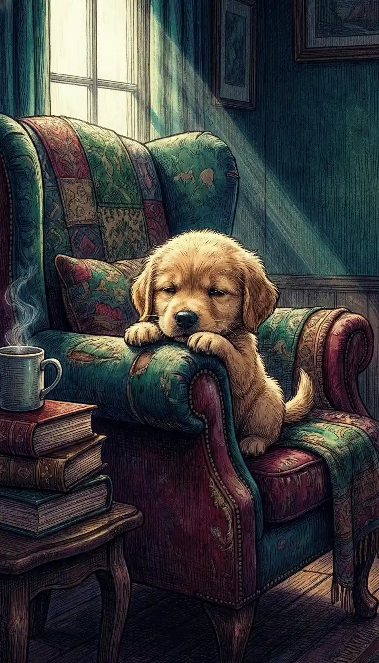 Relaxed chibi cat resting in a cushy armchair
