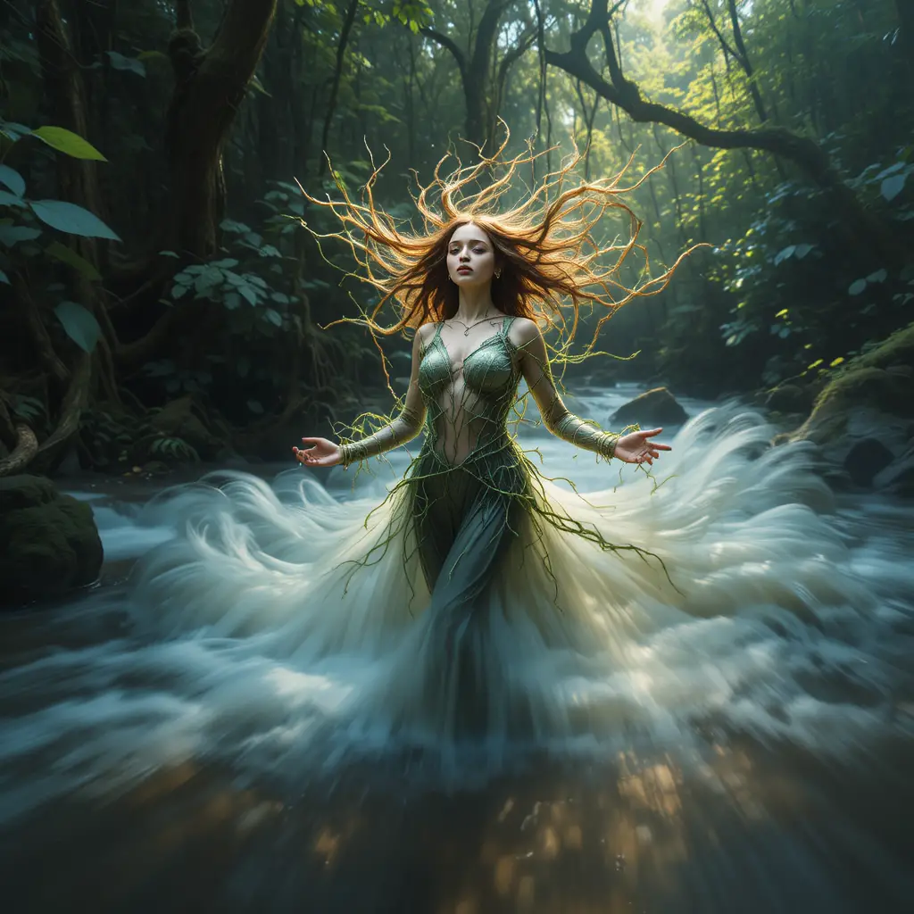 男子融化成流動的森林與水元素