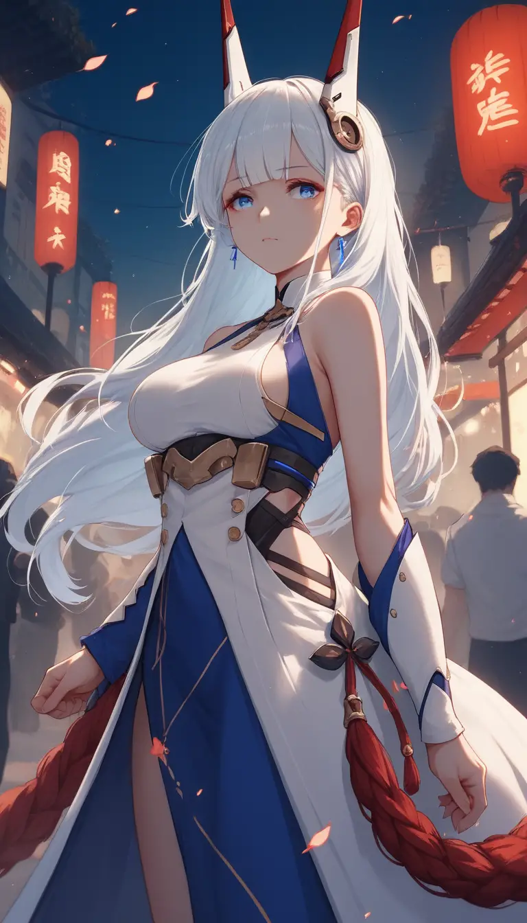 Mujer de anime de ojos azules posando en un espacio público