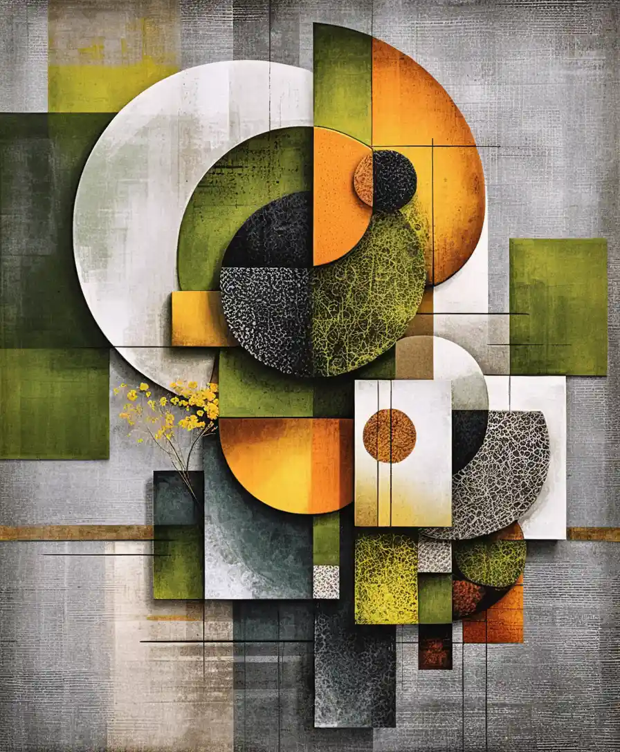 Arte astratta geometrica con cerchi e rettangoli in colori decisi