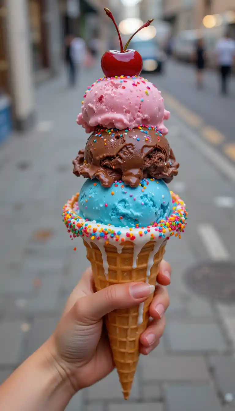 Giant waffle cone with melting colorful ice cream scoops