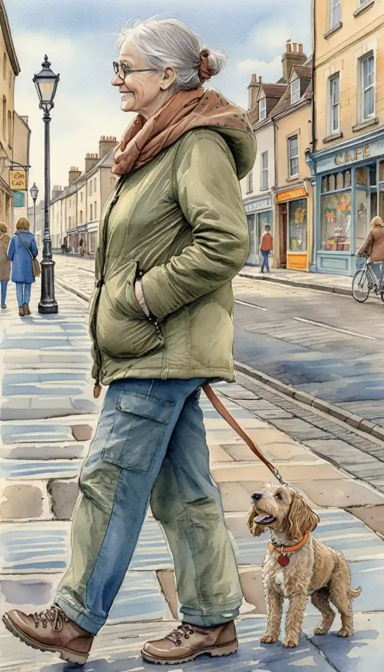 Elderly British Woman Walking Cockapoo On English High Street