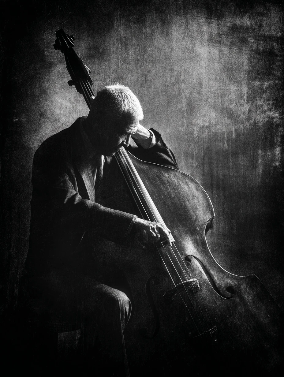 Älterer Musiker spielt Kontrabass in dramatischem Porträt
