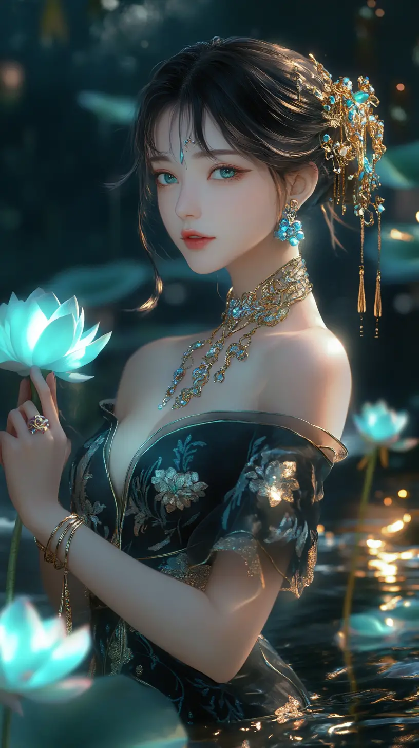 Femme élégante en qipao noir au milieu d’un étang de lotus lumineux