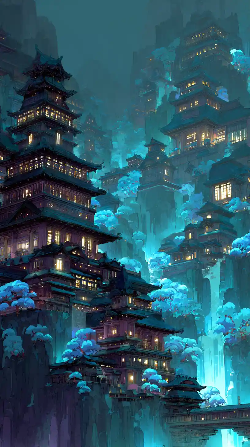 Cliffside pagoda city descending beside glowing waterfalls