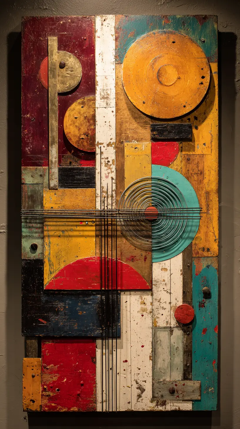 Vertical mixed media abstract with layered geometric shapes