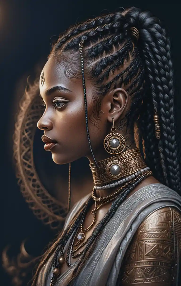 Graphite profile portrait of a braided warrior woman