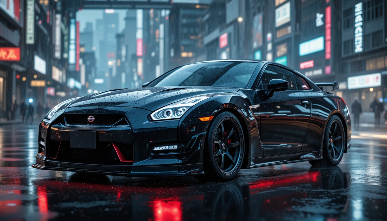 Black sports car with red lights in futuristic rainy city