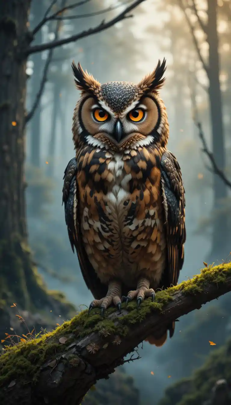Gufo maestoso su un ramo muschioso in una foresta al crepuscolo