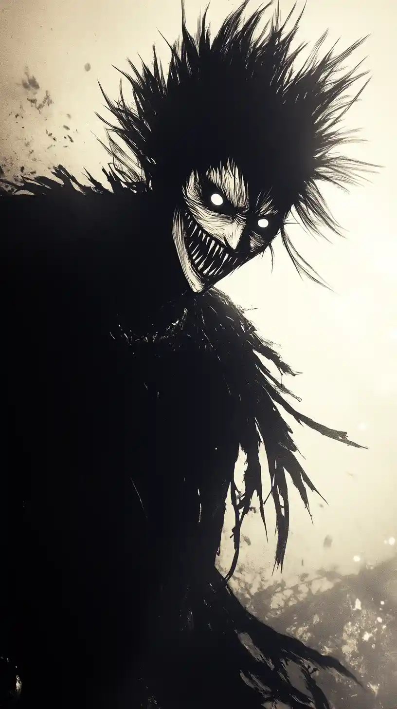 Sinister anime monster in a desolate monochrome landscape