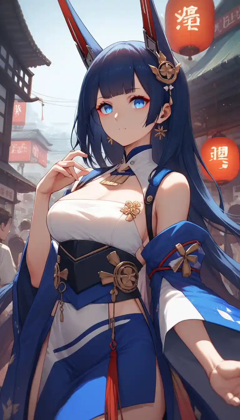 Anime-Frau mit blauen Augen in einem angespannten öffentlichen Moment