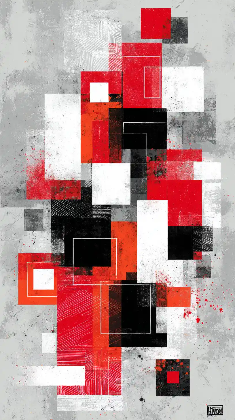 Abstract geometric grid of interlocking red black and white rectangles