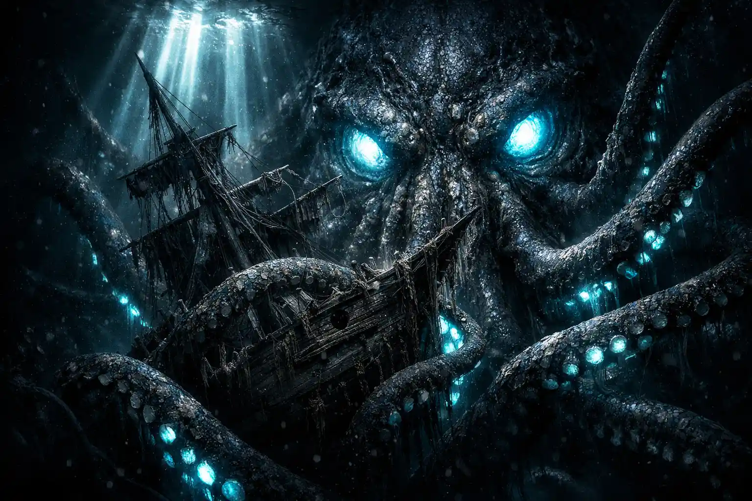 Cinematic close up of a colossal kraken and pirate wreck